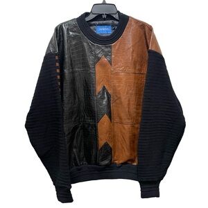 VTG Saxony Genuine Leather Knit Sweater Chunky Crocodile Snake Textile Biker XL